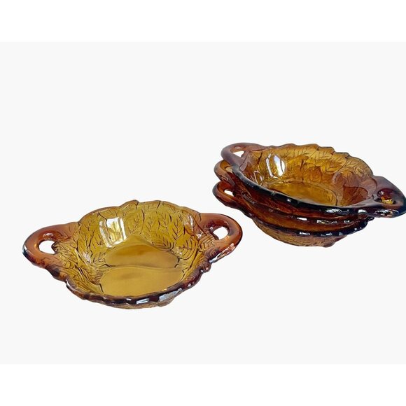 Vintage 70s Tiara Glass Dark Amber Burnt Honey Sweet Pear Bowls Dishes set of 4 - Picture 1 of 9